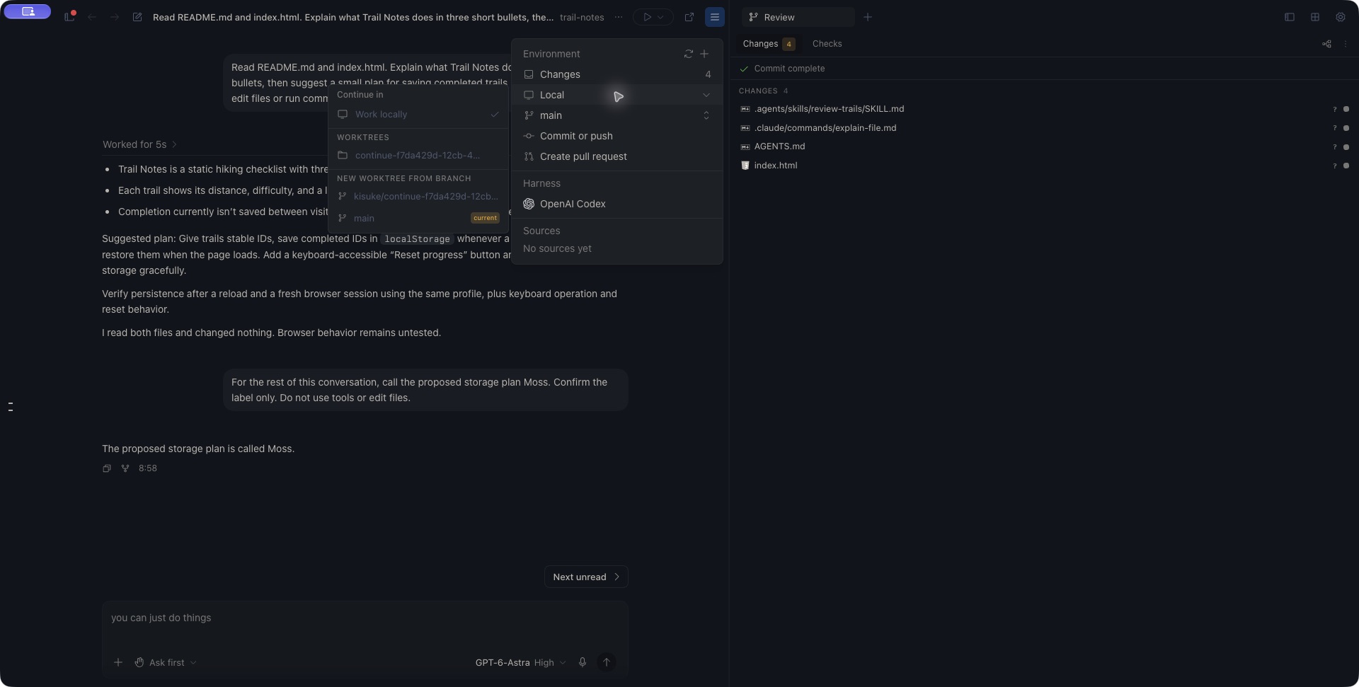 Zen Continue in menu showing Work locally, existing Worktrees, and New worktree from branch with main marked as the current branch.