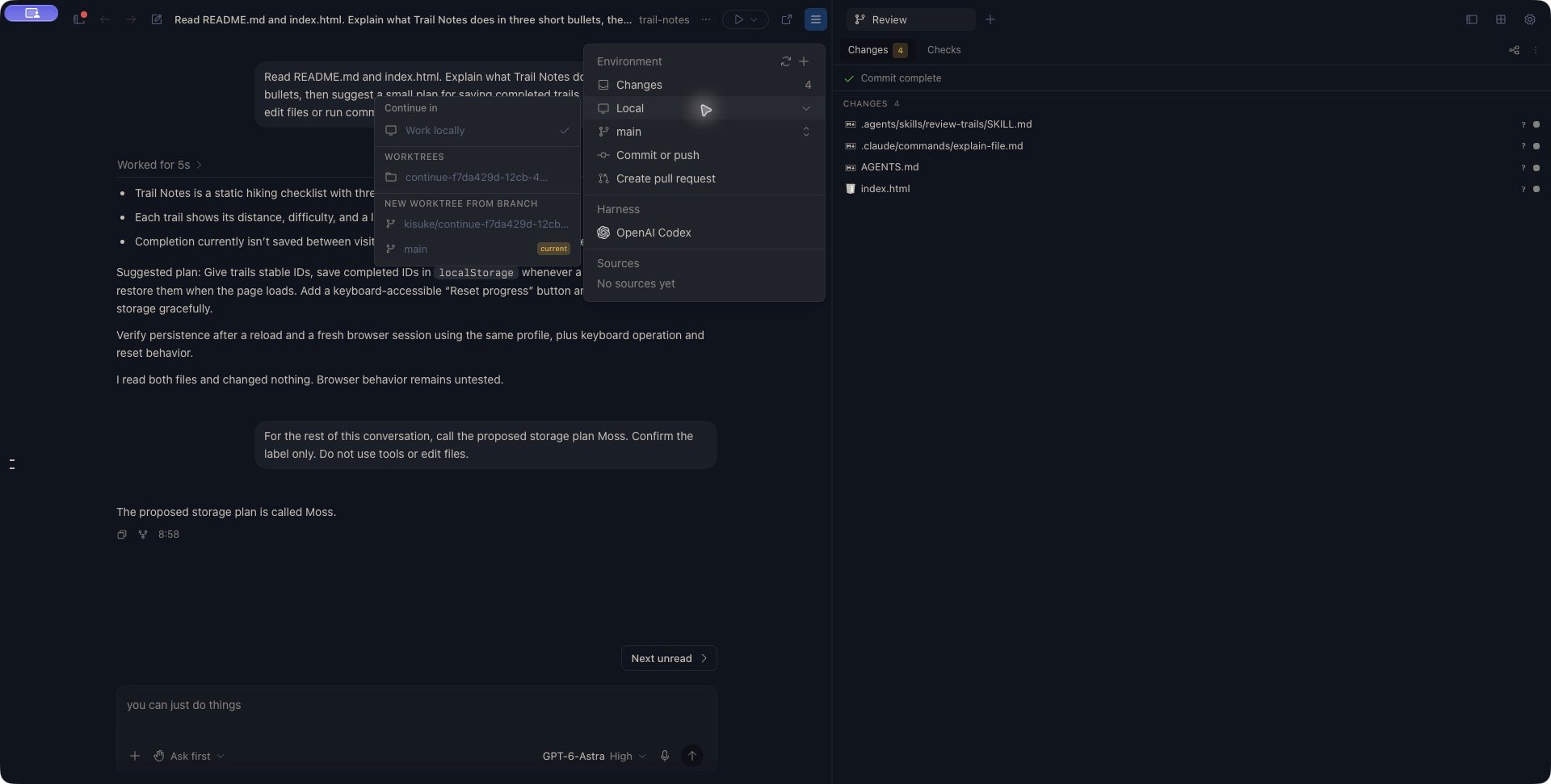 Full Zen workspace with the Continue in menu open in the Trail Notes environment summary.