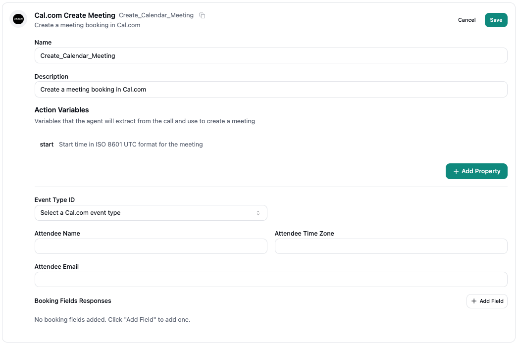 Cal.com Create Meeting Configuration