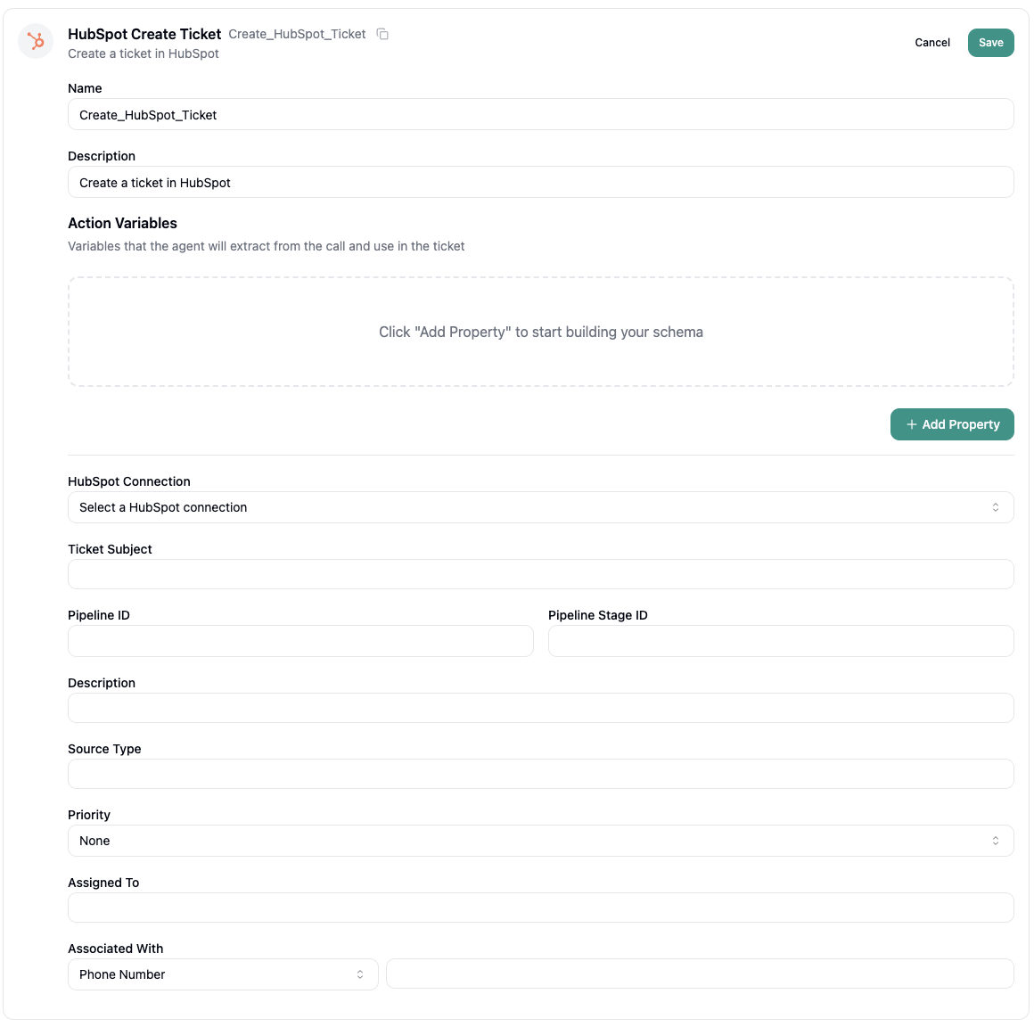 HubSpot Create Ticket Configuration