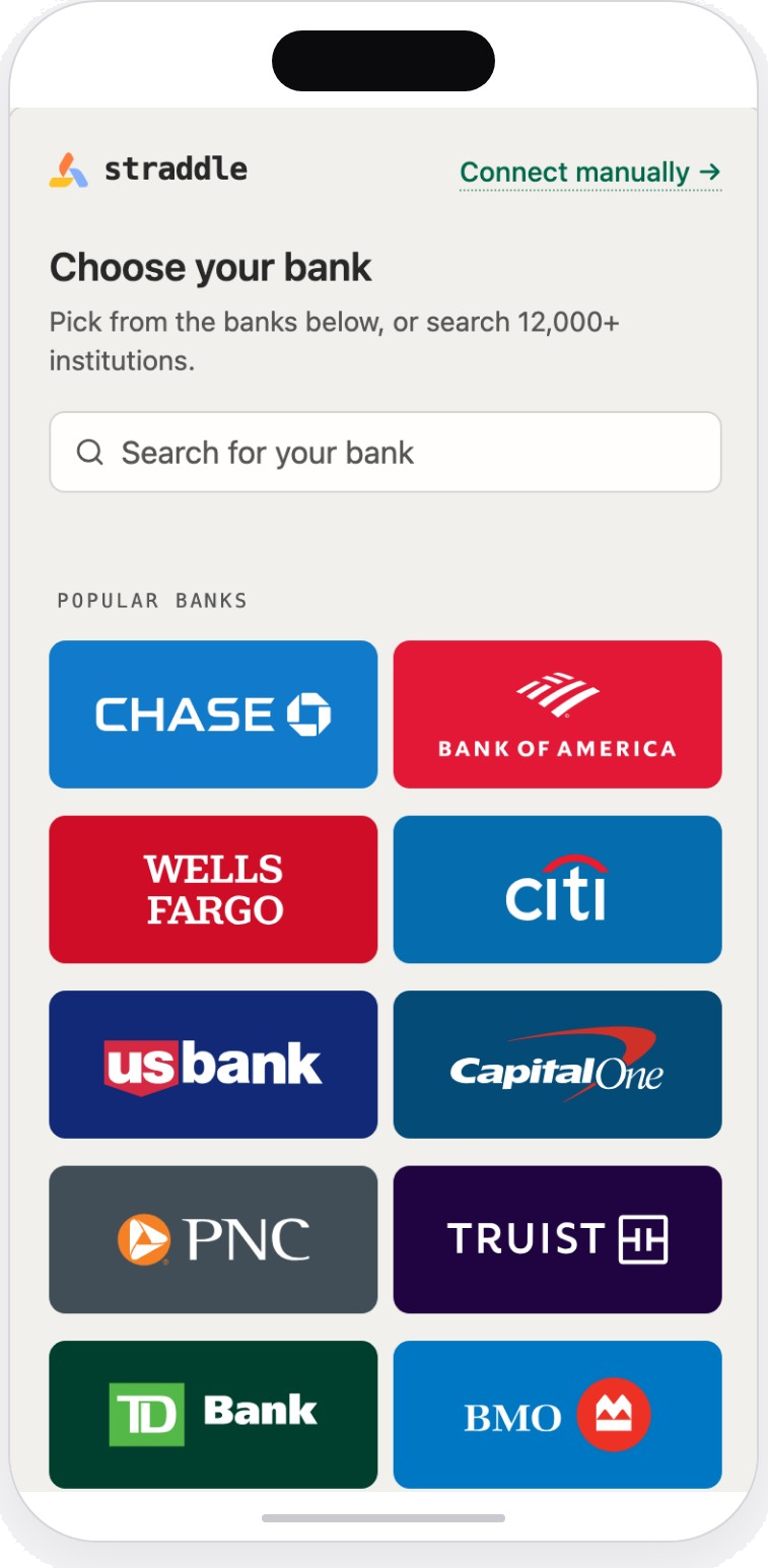 The Bridge widget's Choose your bank screen, with a bank search field, a grid of popular banks, and a Connect manually link