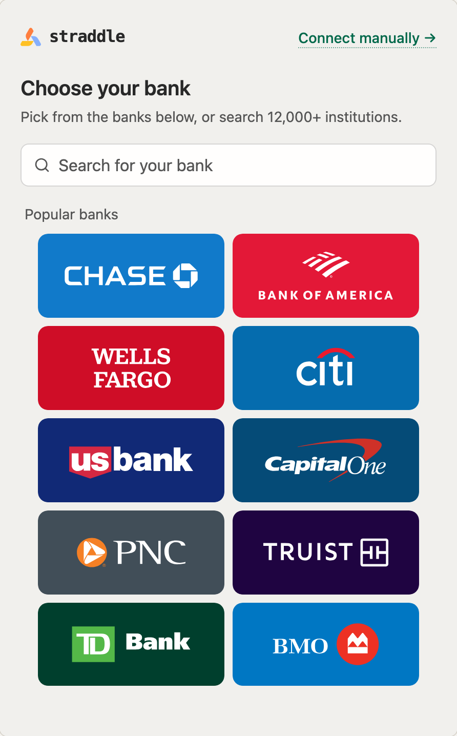 The Bridge widget's Choose your bank screen, with a search field, a grid of popular banks, and a Connect manually link