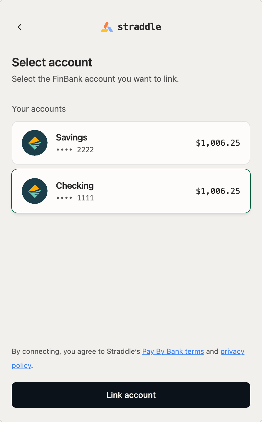 The Bridge widget's Select account screen, listing a savings account and a checking account with their balances, and a Link account button