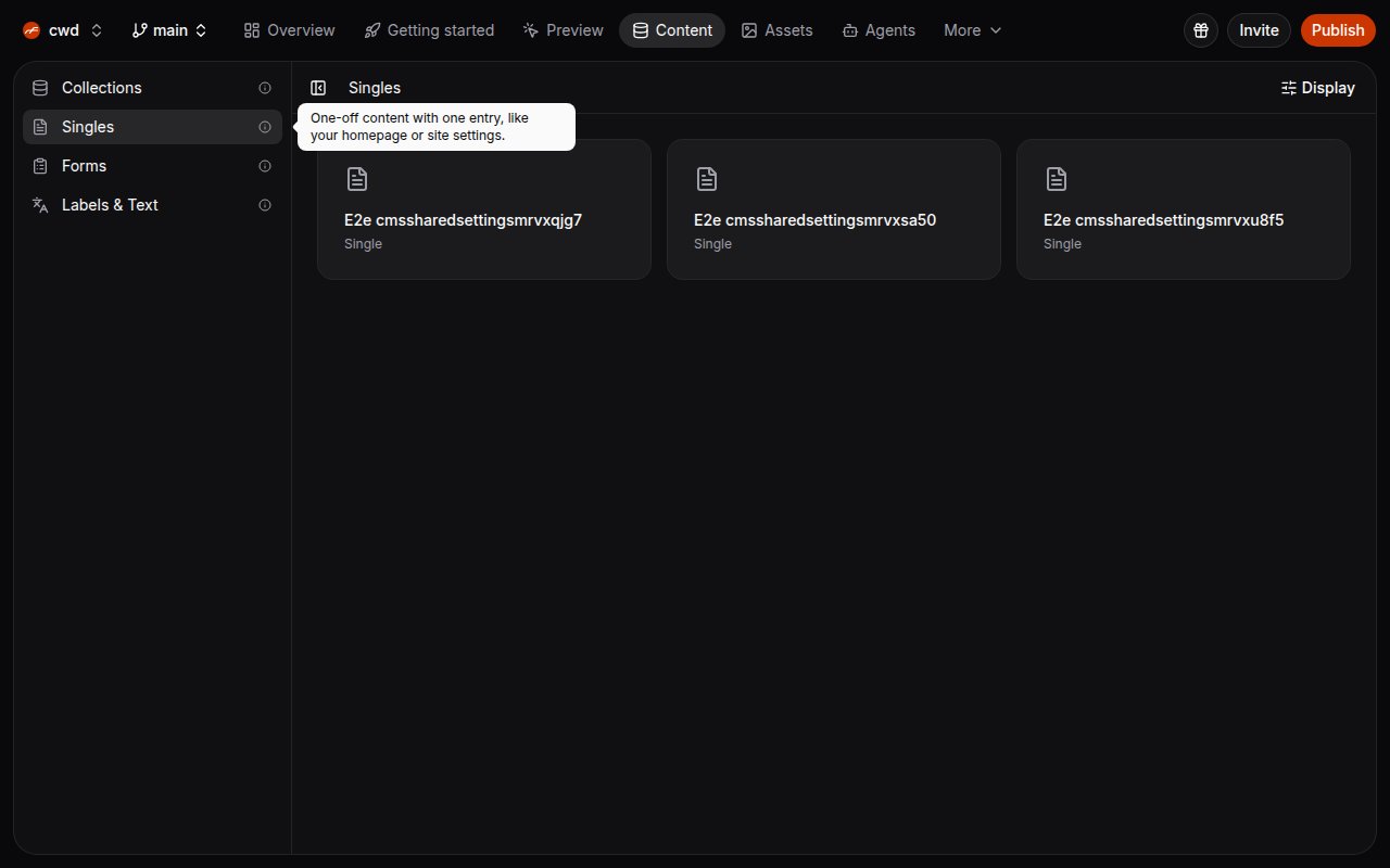 Singles overview with Singles selected in the CMS sidebar