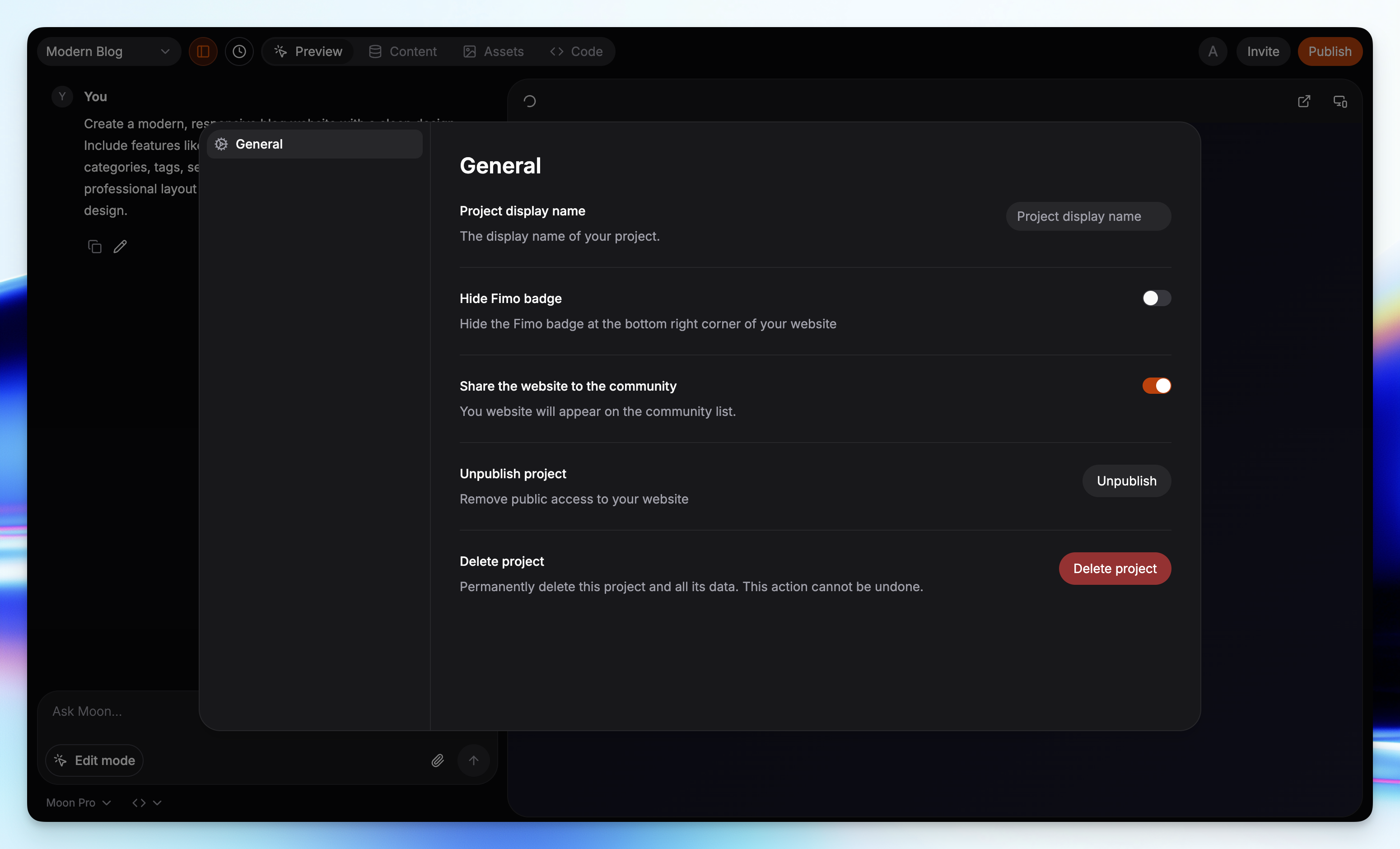 Fimo Project Settings Page