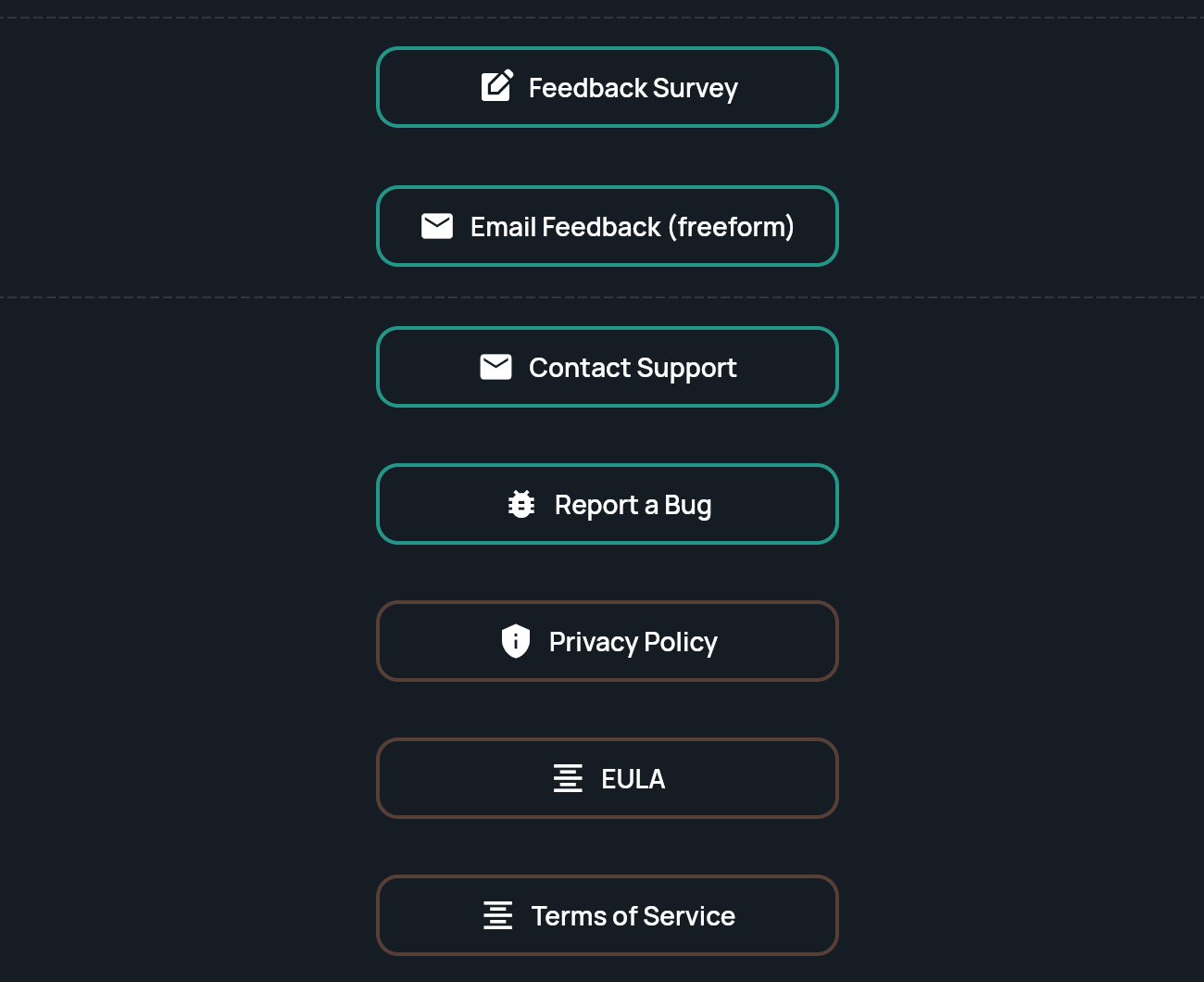 The Help & Feedback page with Feedback Survey, Email Feedback, Contact Support, Report a Bug and the policy links
