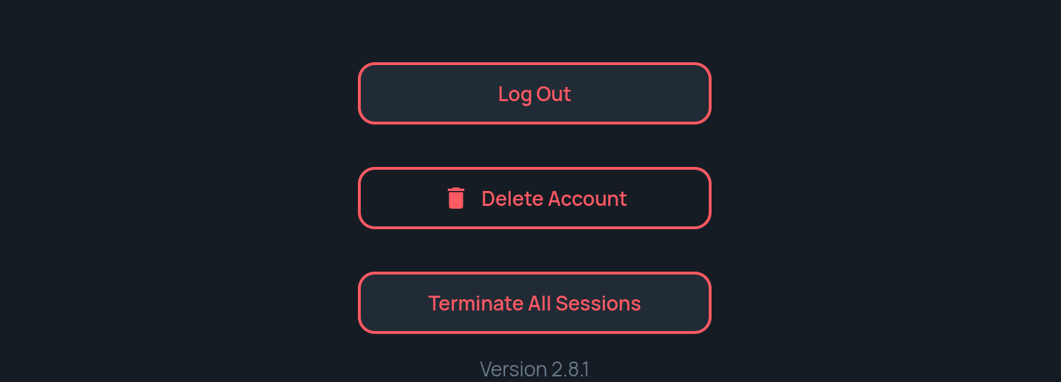 The Danger Zone at the bottom of Settings with Log Out, Delete Account and Terminate All Sessions buttons