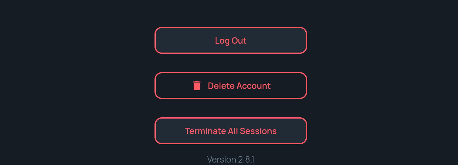 The Danger Zone at the bottom of Settings with Log Out, Delete Account and Terminate All Sessions buttons