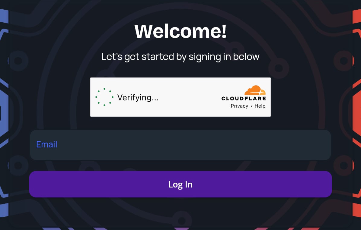 The StratEngine sign-in card with the security check, Email field and Log In button