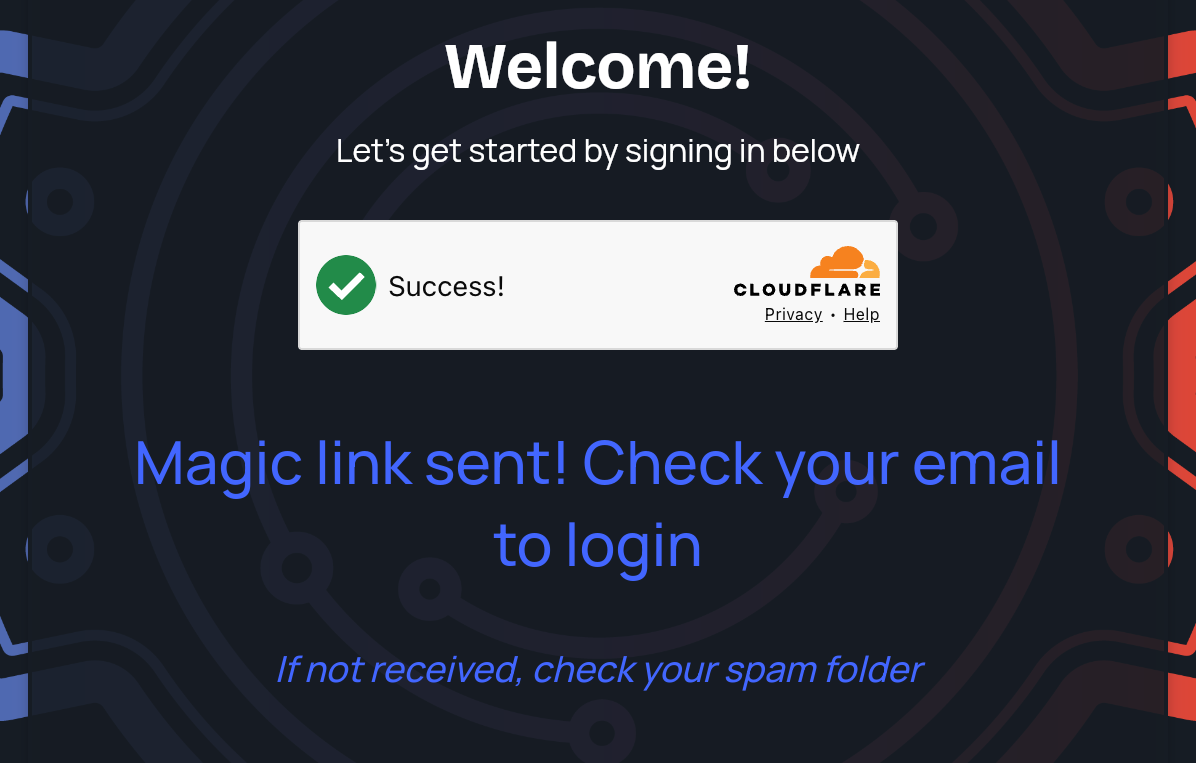 The sign-in card after clicking Log In, confirming the magic link was sent