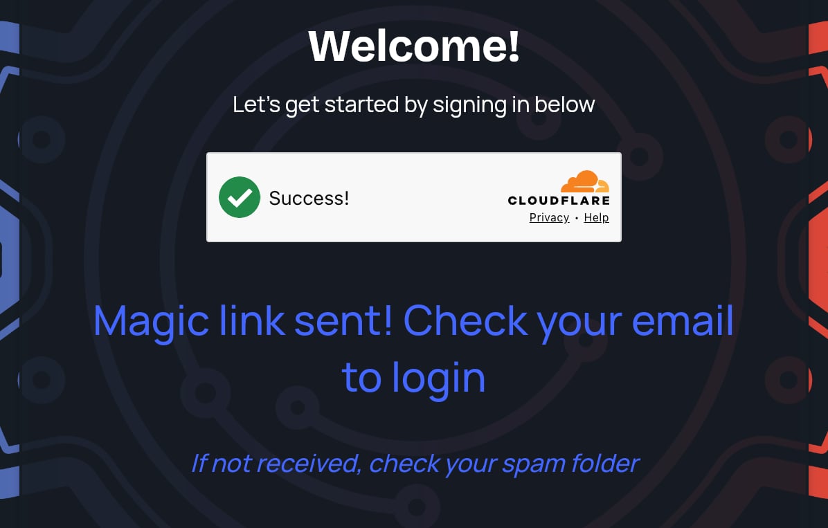 The sign-in card after clicking Log In, confirming the magic link was sent