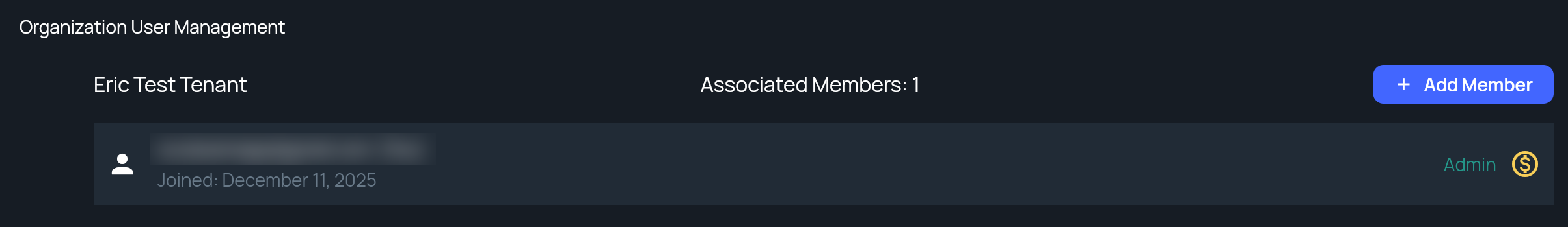 The Organization User Management section of Settings, showing the workspace name, member count, Add Member button and a member row