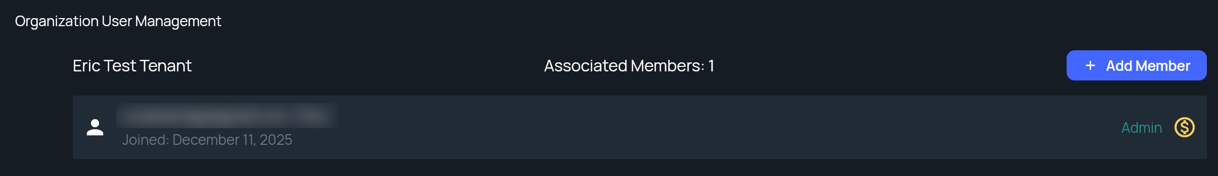 The Organization User Management section of Settings, showing the workspace name, member count, Add Member button and a member row
