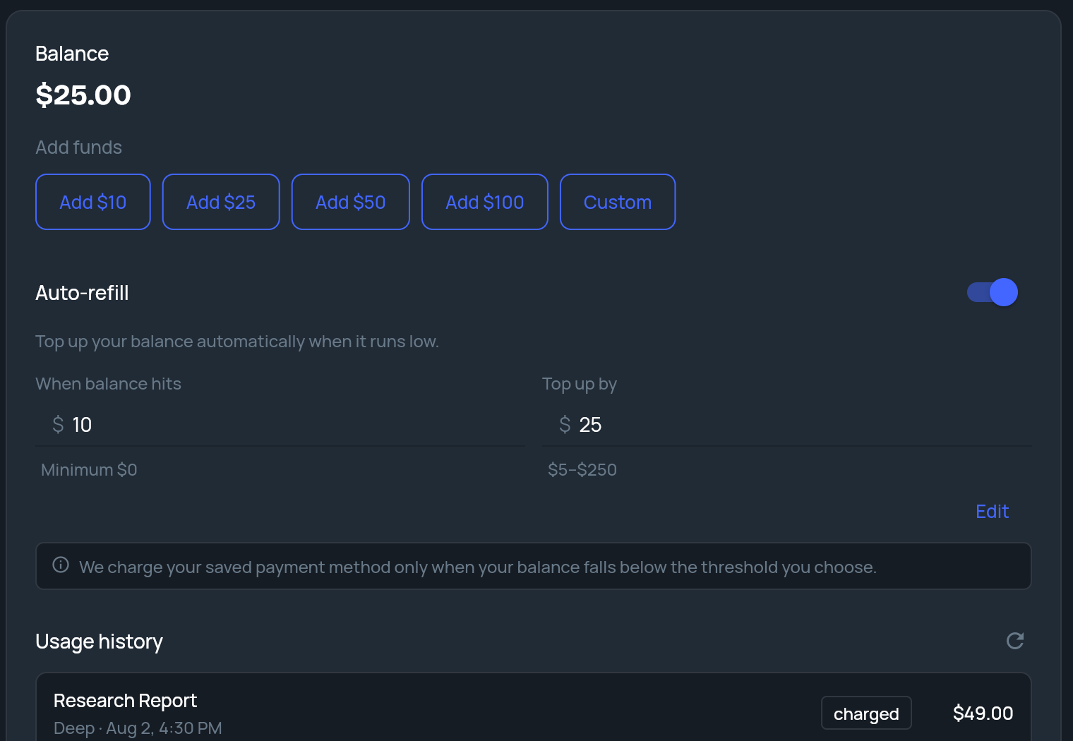 The pay-as-you-go Balance section with Add funds buttons, Auto-refill settings and the start of Usage history