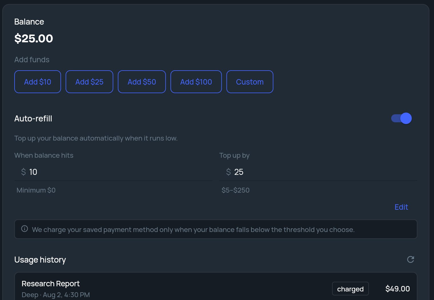 The pay-as-you-go Balance section with Add funds buttons, Auto-refill settings and the start of Usage history