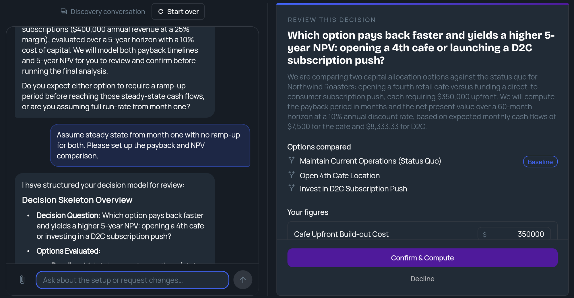 The REVIEW THIS DECISION panel beside the conversation, with the question, options compared, your figures and Confirm & Compute