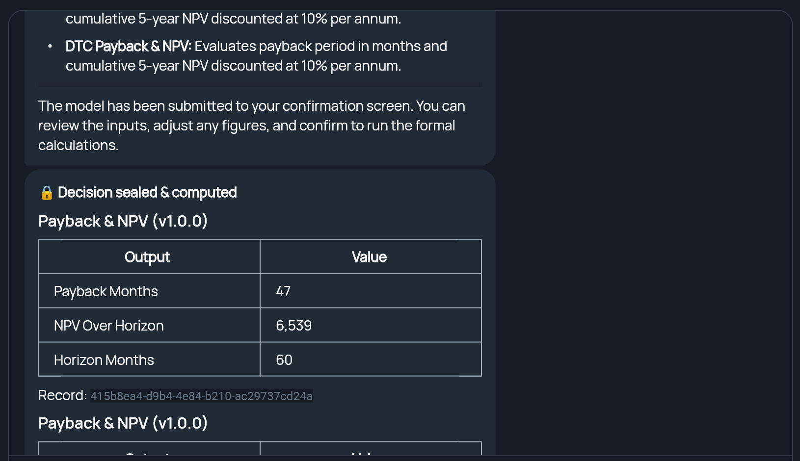 A Decision sealed & computed message in the conversation with a Payback & NPV results table and its record ID
