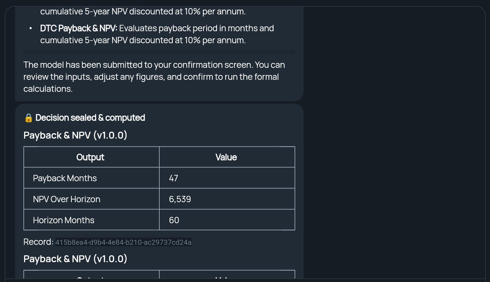 A Decision sealed & computed message in the conversation with a Payback & NPV results table and its record ID