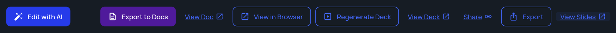 The document viewer toolbar after exporting a deck to Google Slides, with the View Slides link at the end