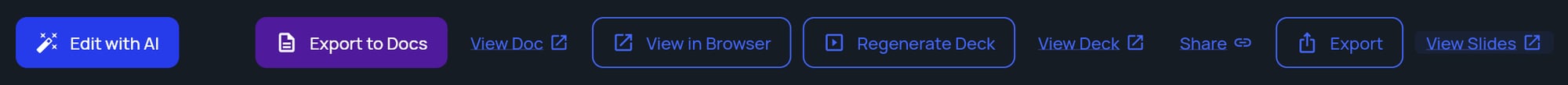 The document viewer toolbar after exporting a deck to Google Slides, with the View Slides link at the end
