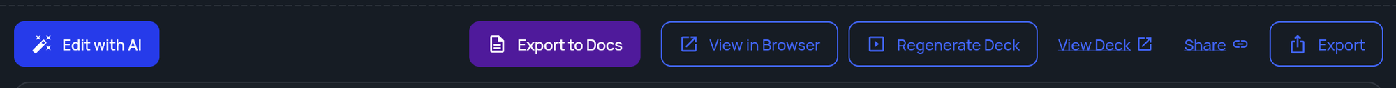 The document viewer toolbar after a deck exists, with Regenerate Deck, View Deck, Share and Export
