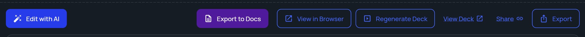 The document viewer toolbar after a deck exists, with Regenerate Deck, View Deck, Share and Export