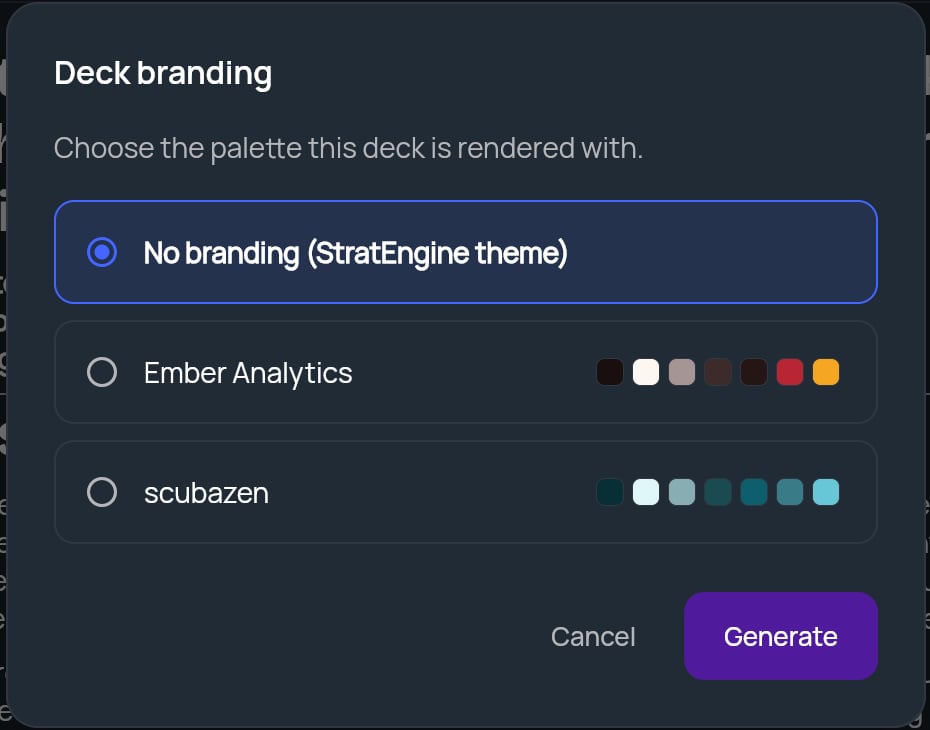 The Deck branding window with No branding (StratEngine theme) and two brand kits to choose from