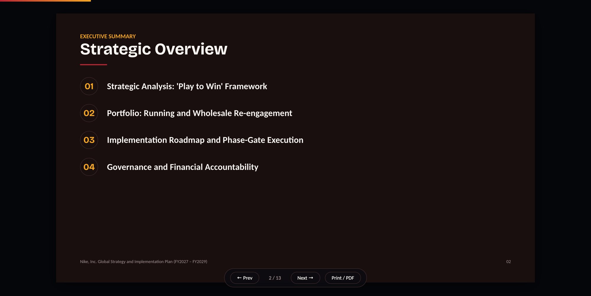 A generated deck open in its own browser tab, showing a slide with Prev, Next and Print / PDF controls