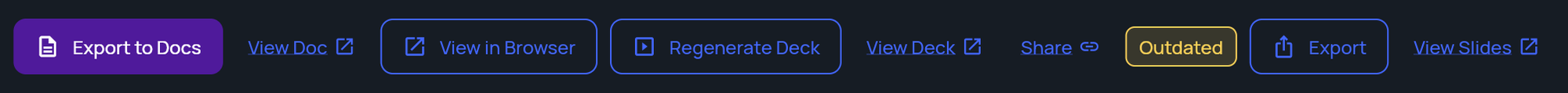 The document viewer toolbar with the yellow Outdated badge between Share and Export
