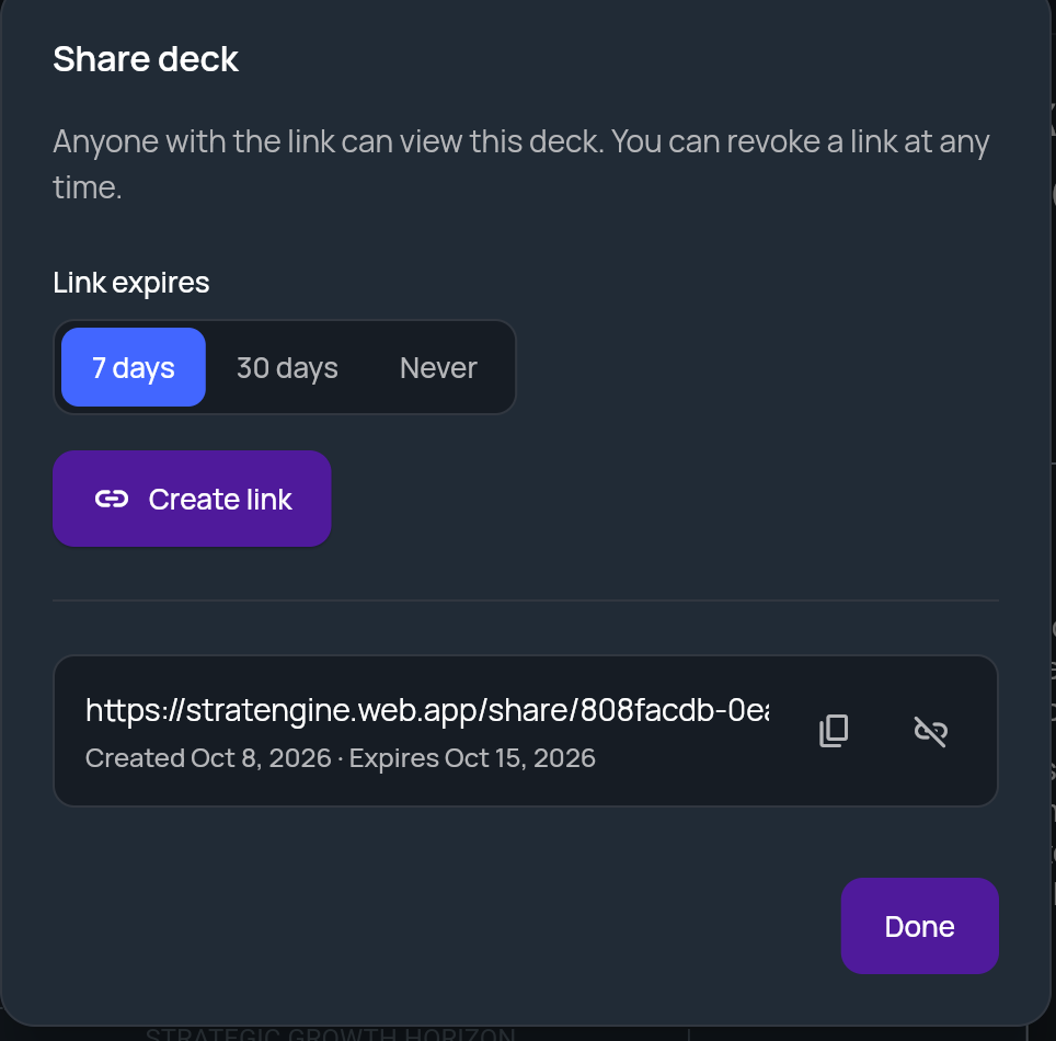 The Share deck window with Link expires options, Create link and one active link with copy and revoke buttons