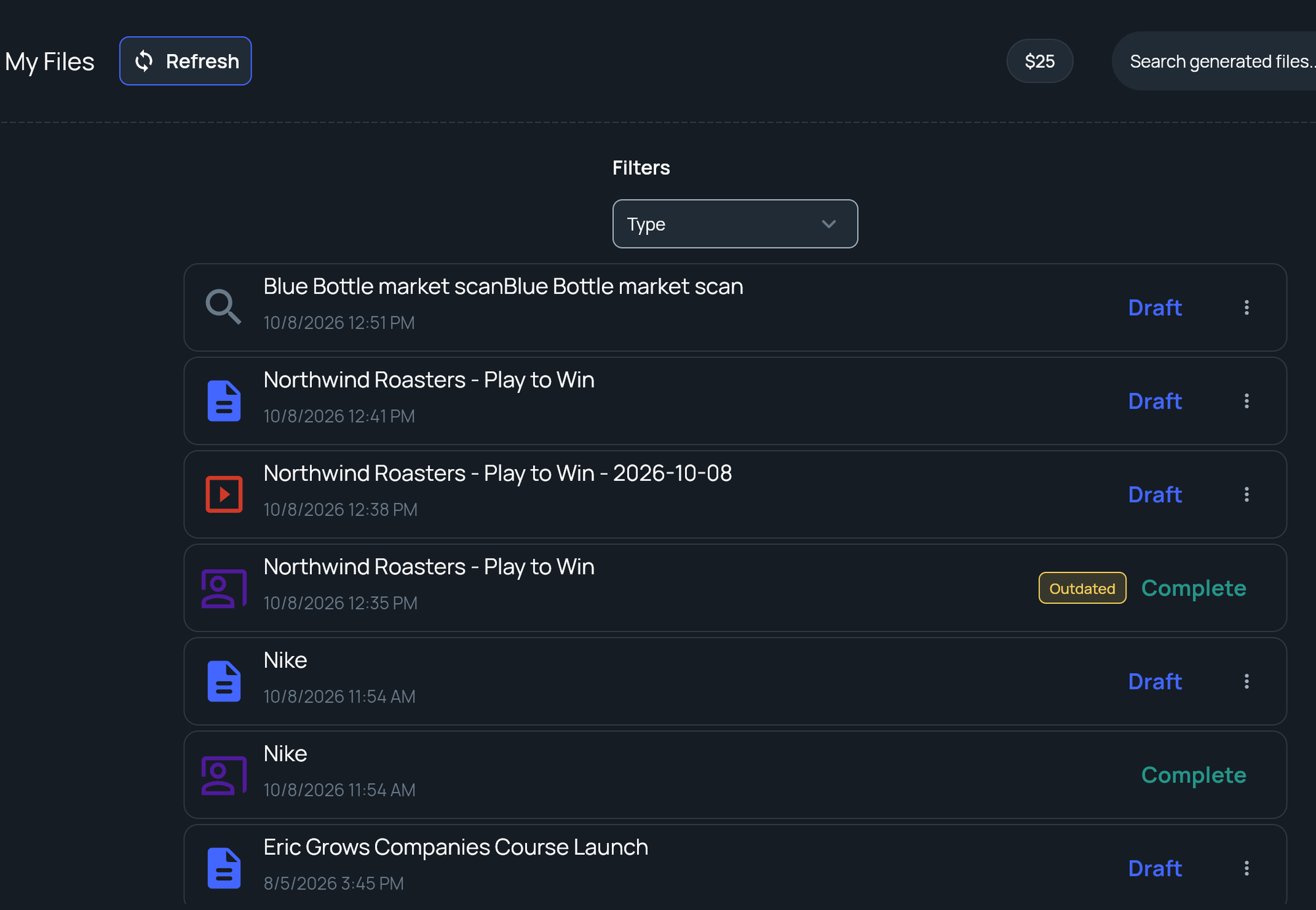 File Manager (My Files) with the Type filter and a list of briefs, frameworks and a deck with their statuses