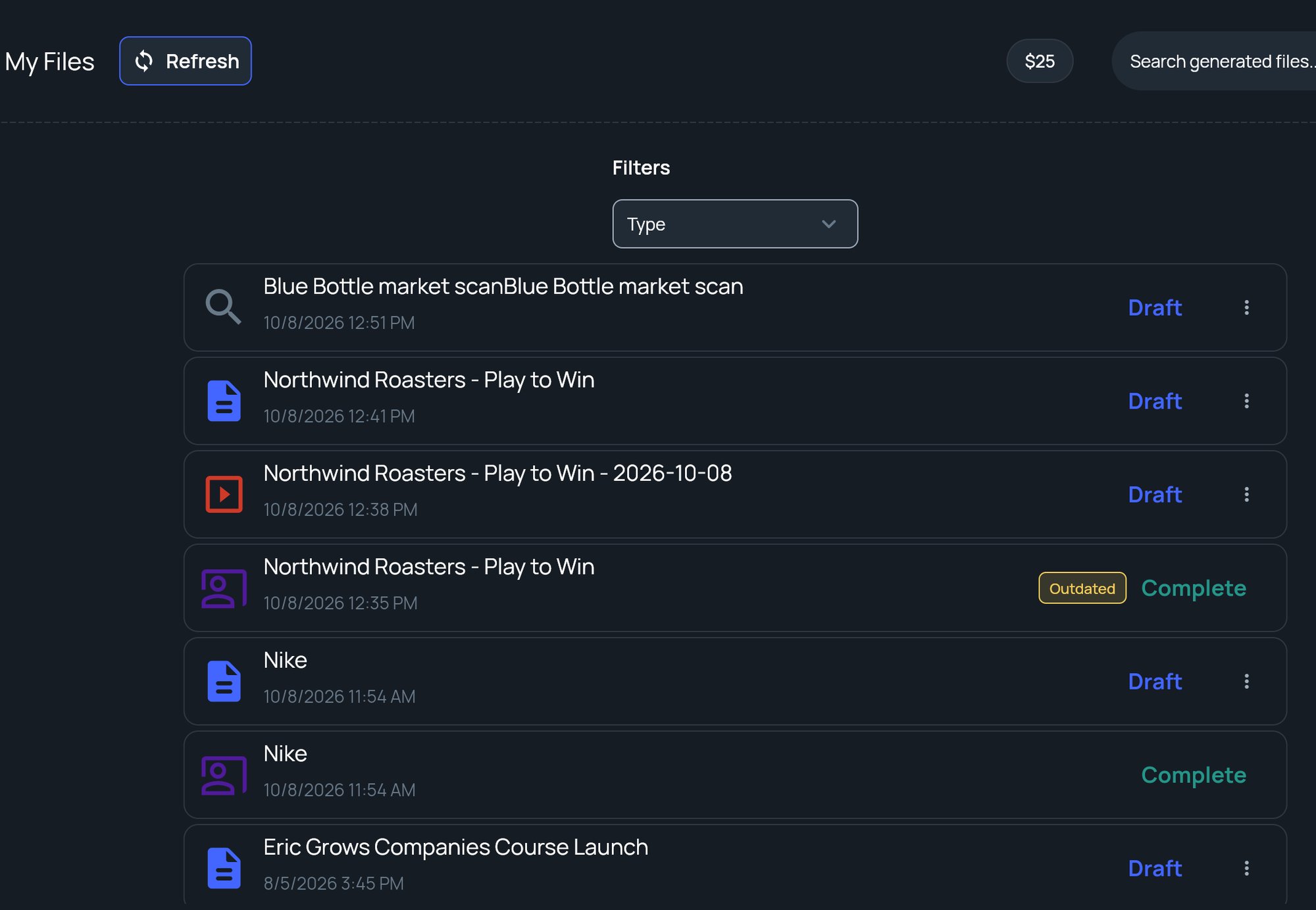 File Manager (My Files) with the Type filter and a list of briefs, frameworks and a deck with their statuses