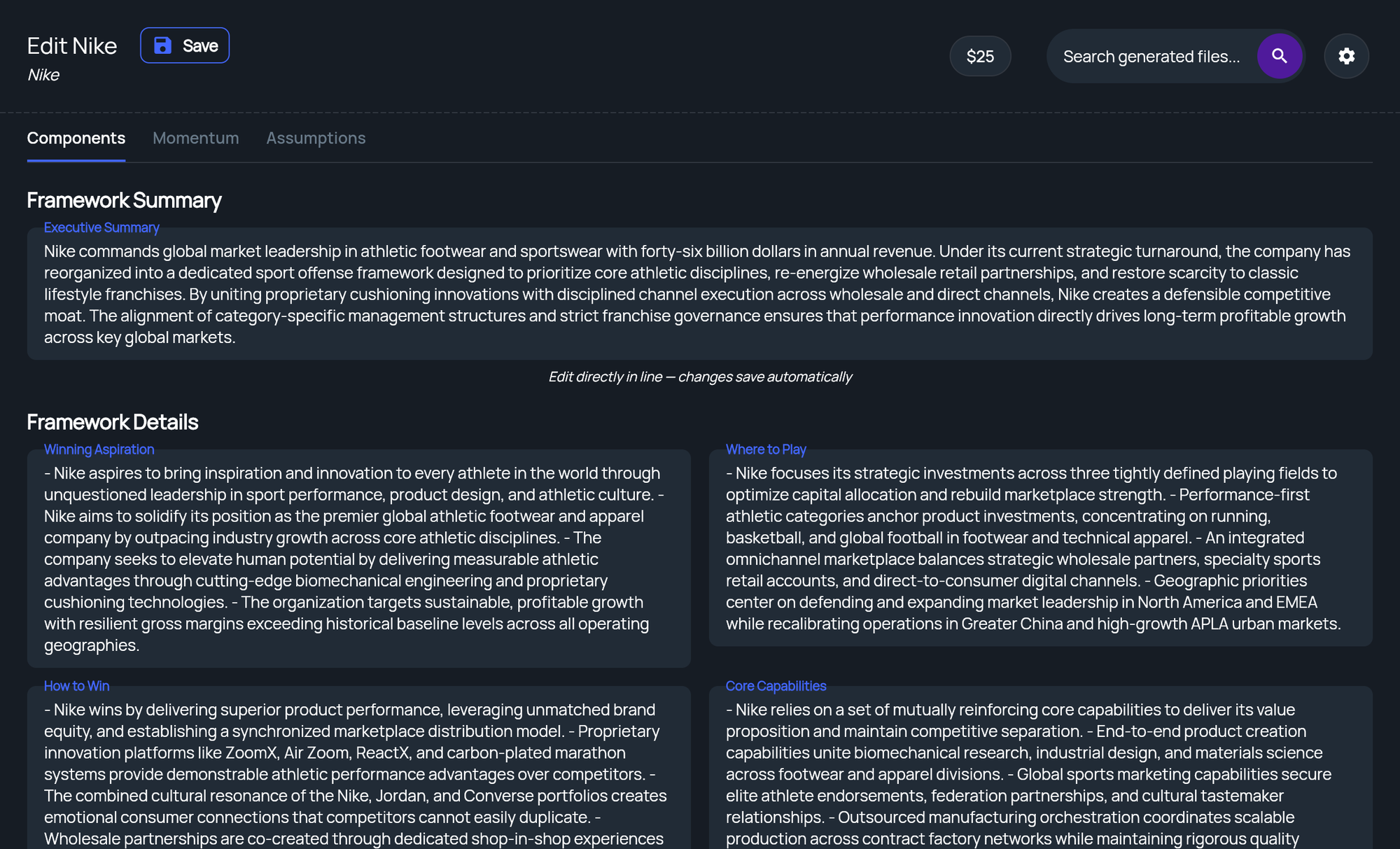 The Components tab of a framework result with the Framework Summary and Framework Details sections