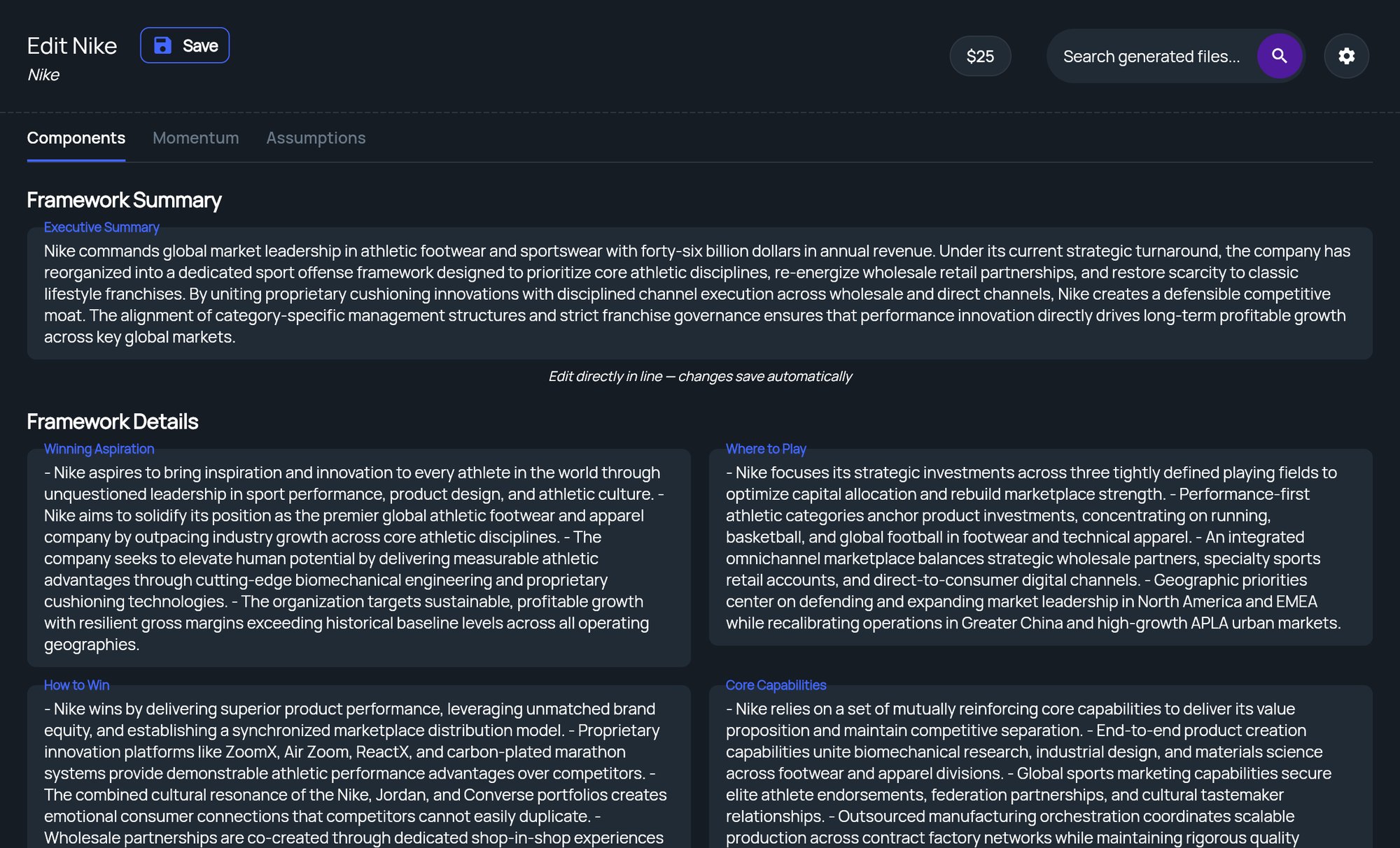 The Components tab of a framework result with the Framework Summary and Framework Details sections