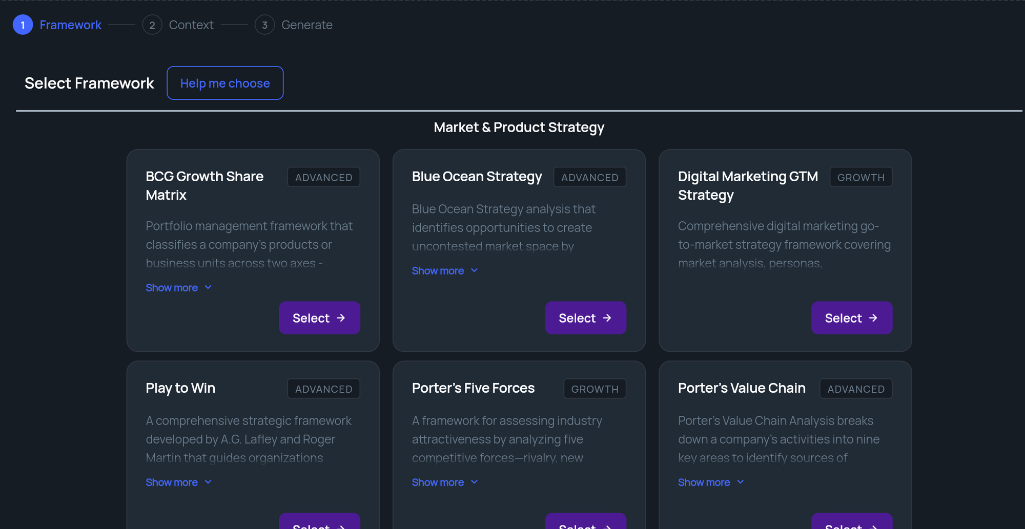 Step 1 of Framework Generation: Select Framework with Help me choose and framework cards labelled Advanced or Growth