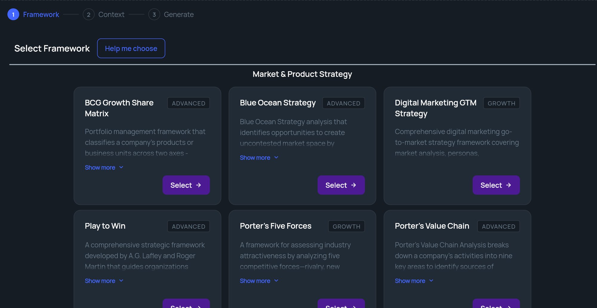 Step 1 of Framework Generation: Select Framework with Help me choose and framework cards labelled Advanced or Growth
