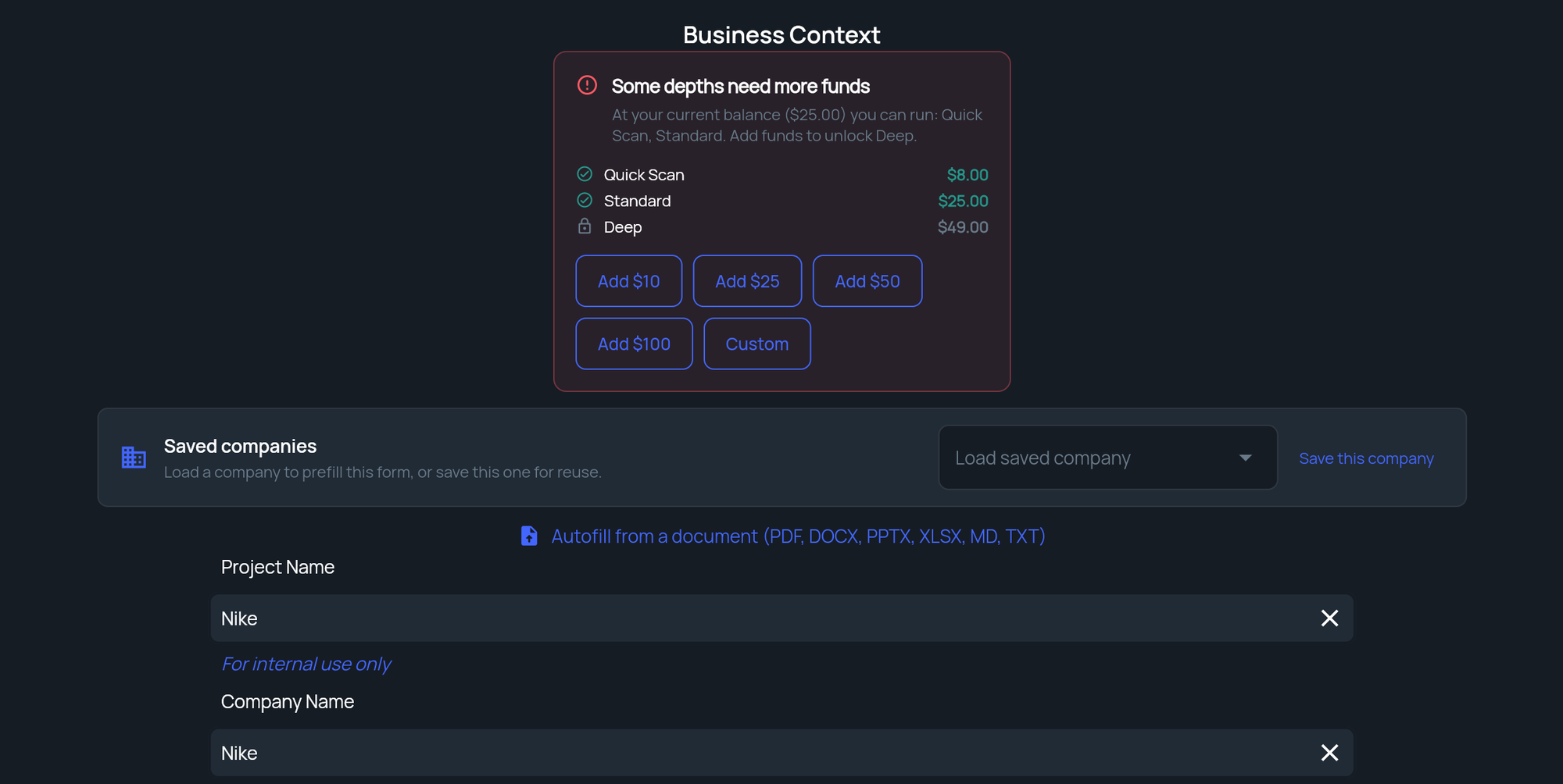 The Business Context step with the pay-as-you-go depth notice, the Saved companies row, Autofill from a document and the first fields