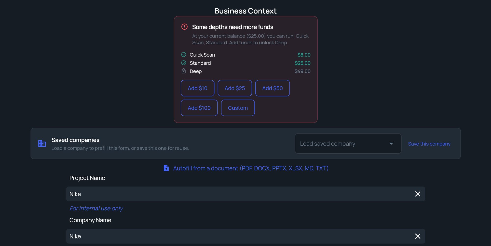The Business Context step with the pay-as-you-go depth notice, the Saved companies row, Autofill from a document and the first fields