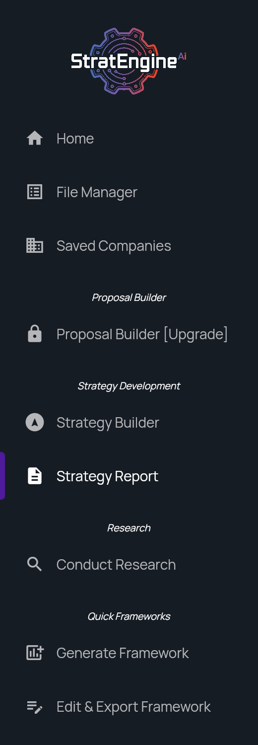 The strategy side menu with Strategy Report and Edit & Export Framework visible after opening a brief