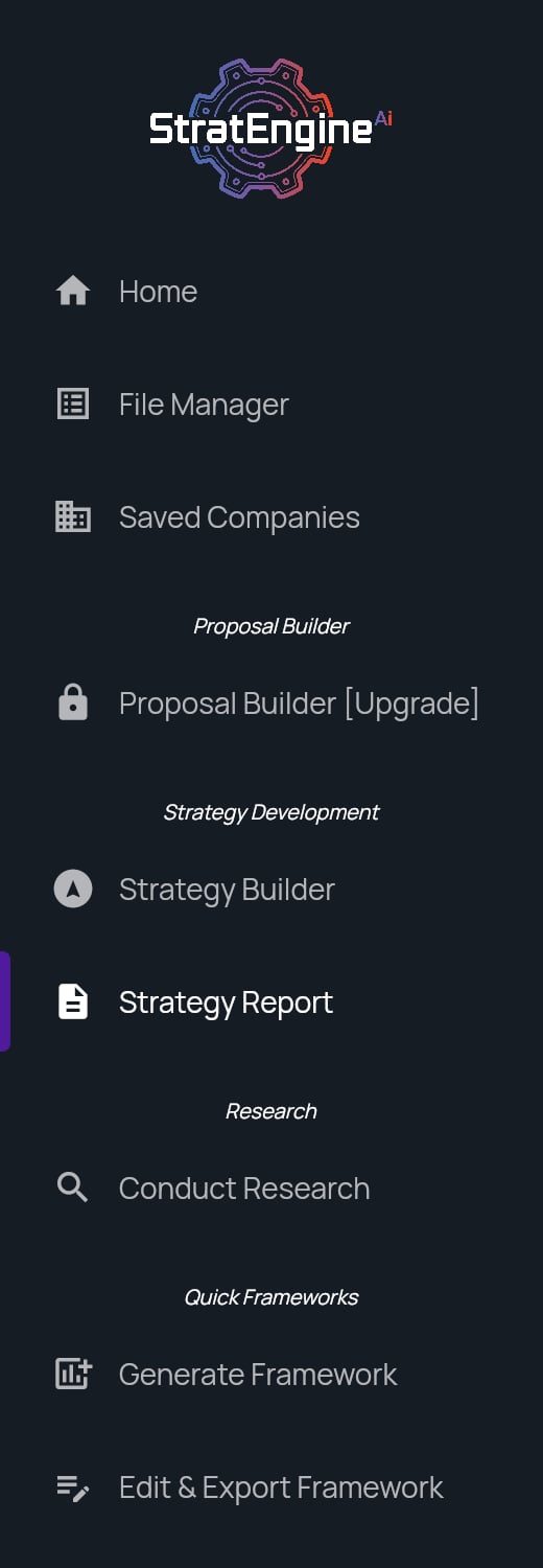 The strategy side menu with Strategy Report and Edit & Export Framework visible after opening a brief