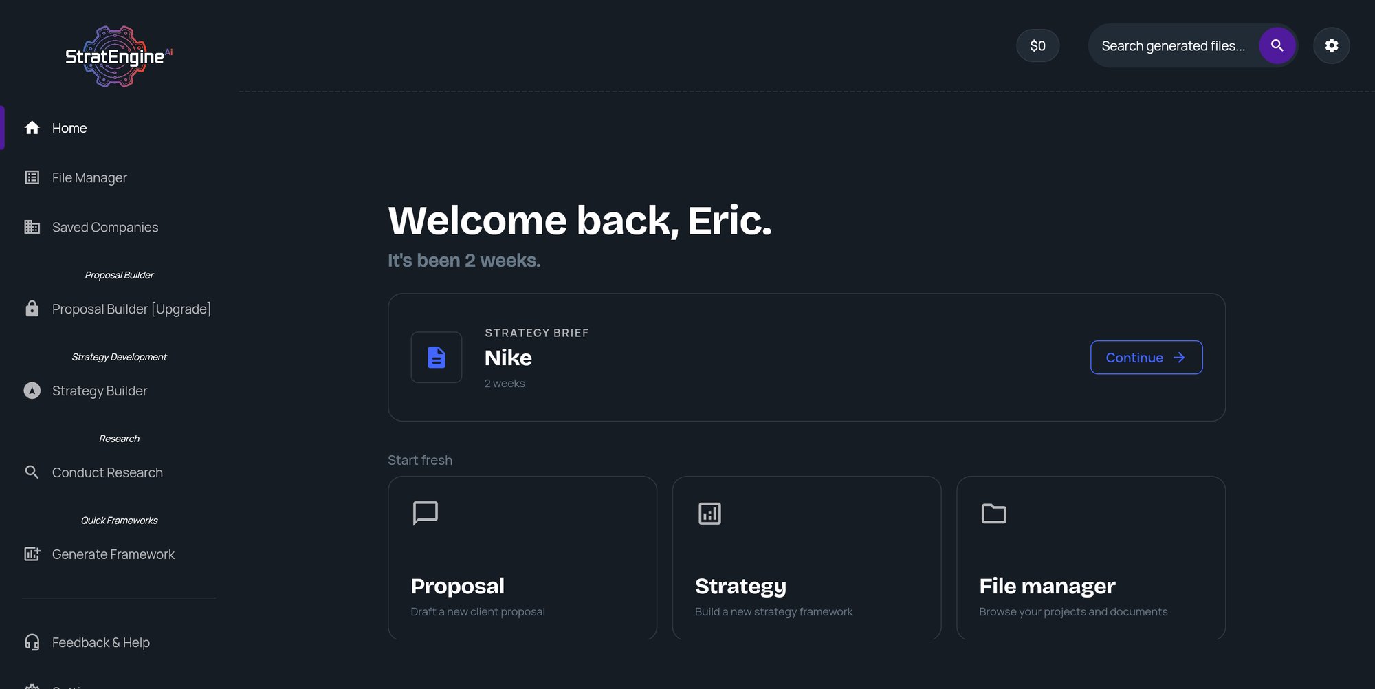 Strategy Home in the Welcome back state with a recent strategy brief and the Start fresh tiles