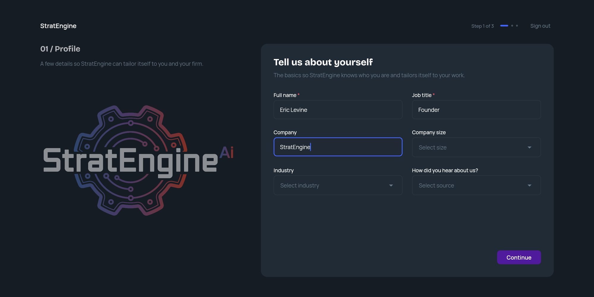 The Profile step of onboarding with Full name, Job title, Company, Company size, Industry and How did you hear about us