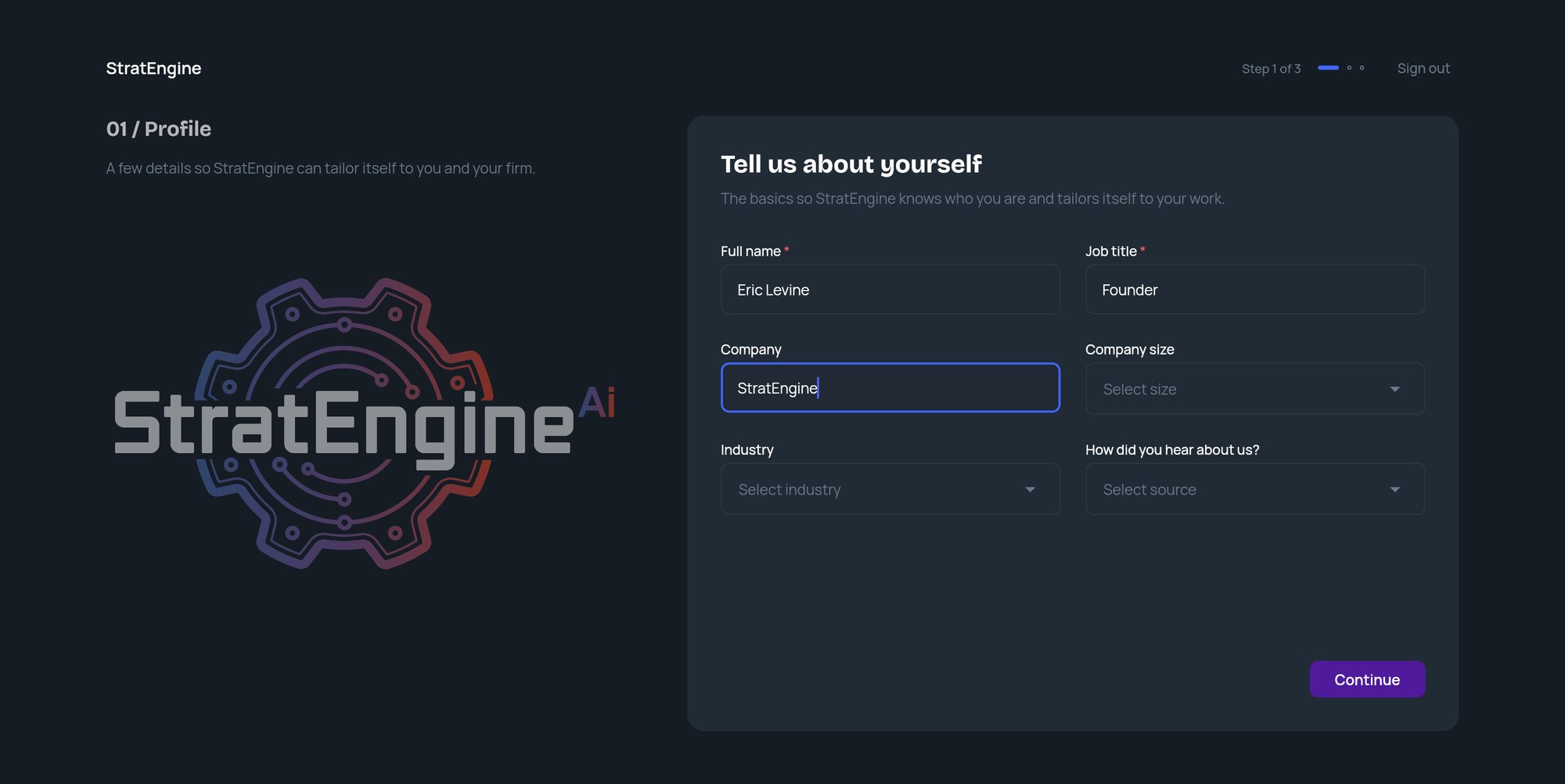 The Profile step of onboarding with Full name, Job title, Company, Company size, Industry and How did you hear about us