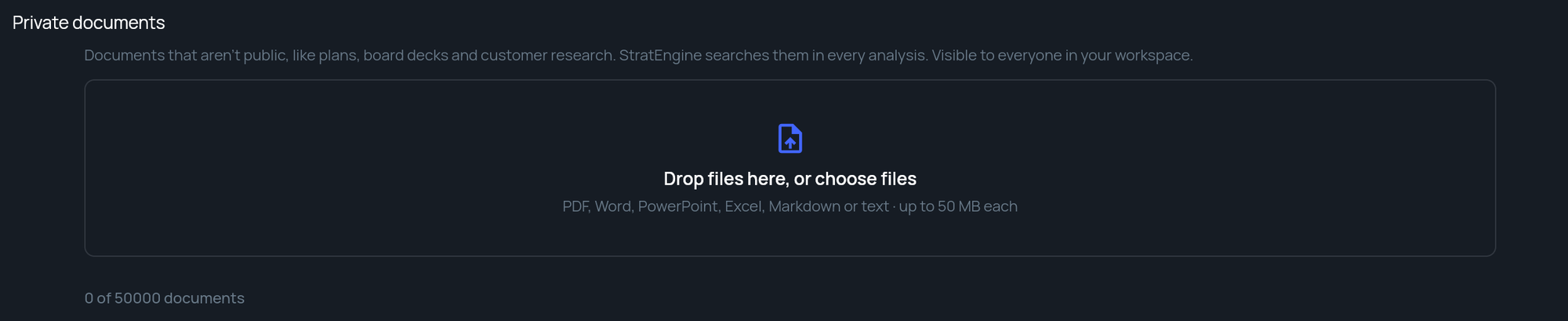 The Private documents section of Settings with the drop zone and document count