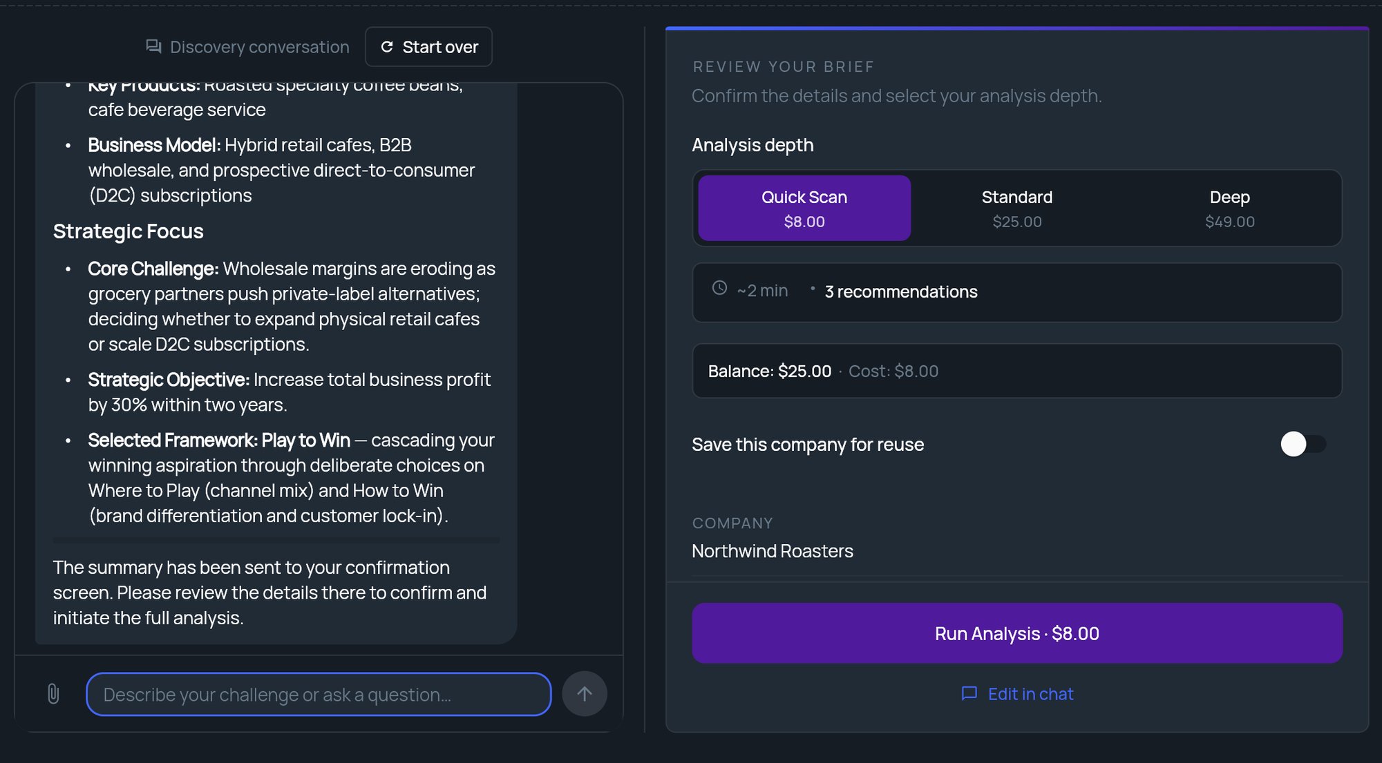 The Strategy Builder conversation on the left and the Review your brief panel with analysis depth and Run Analysis on the right