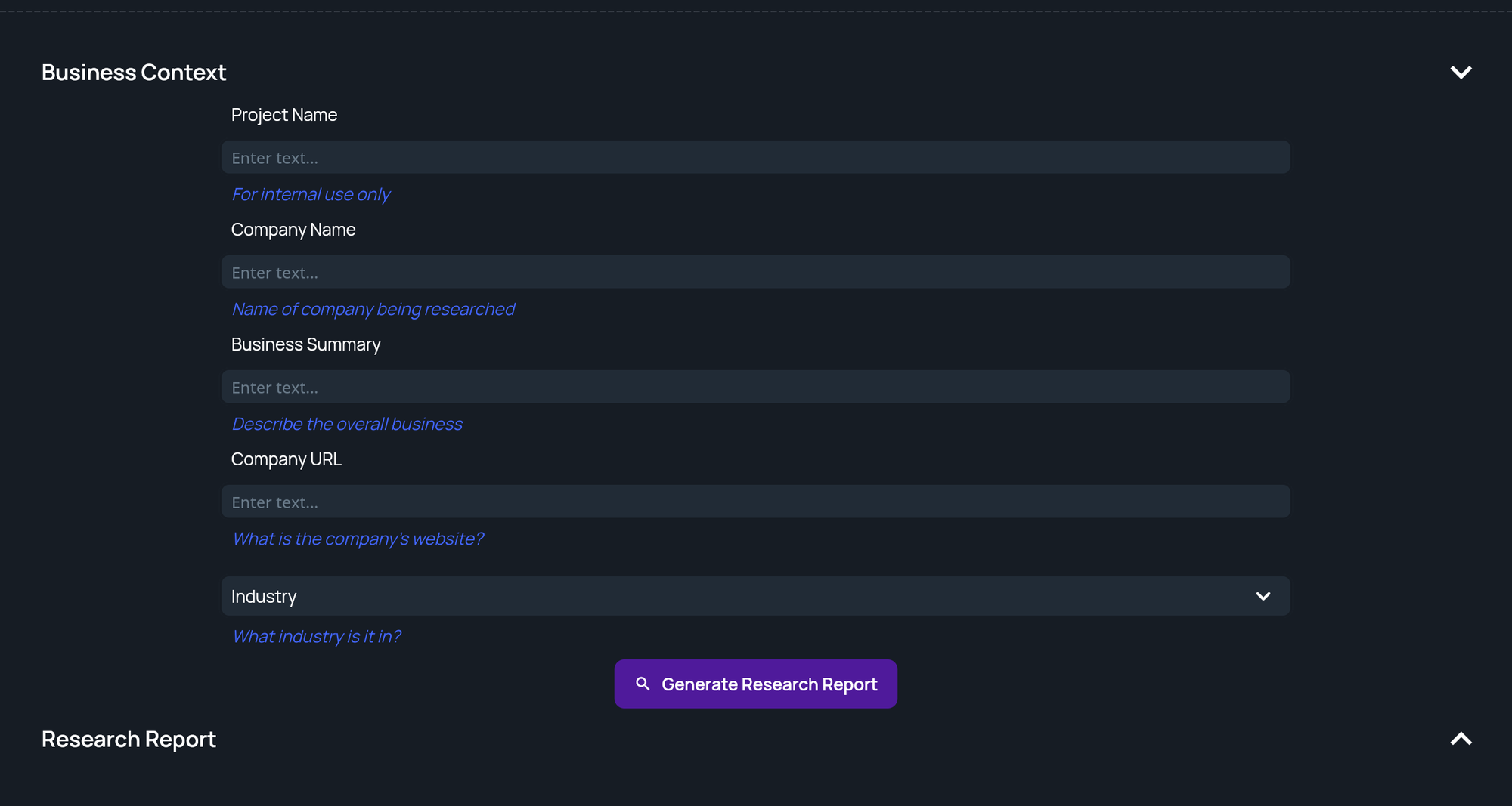 The Conduct Research page with the Business Context form and Generate Research Report button