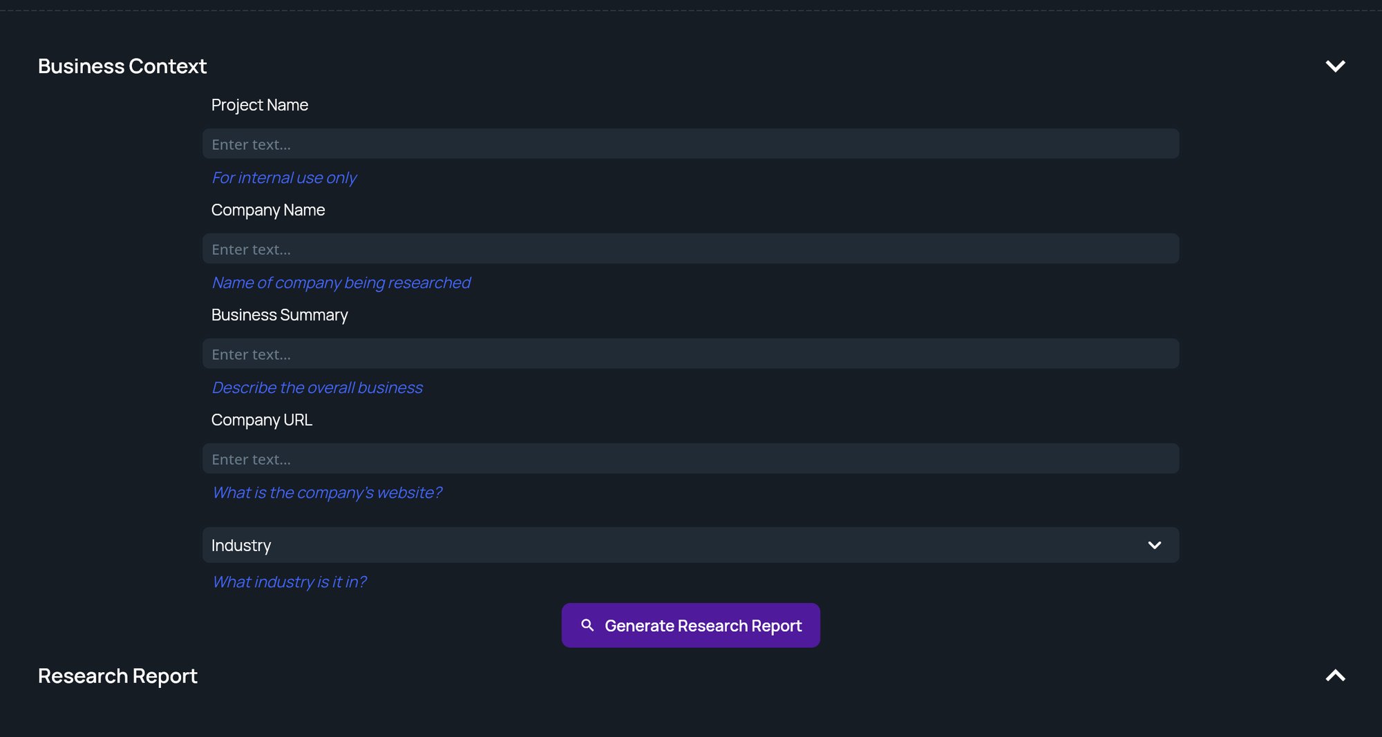 The Conduct Research page with the Business Context form and Generate Research Report button