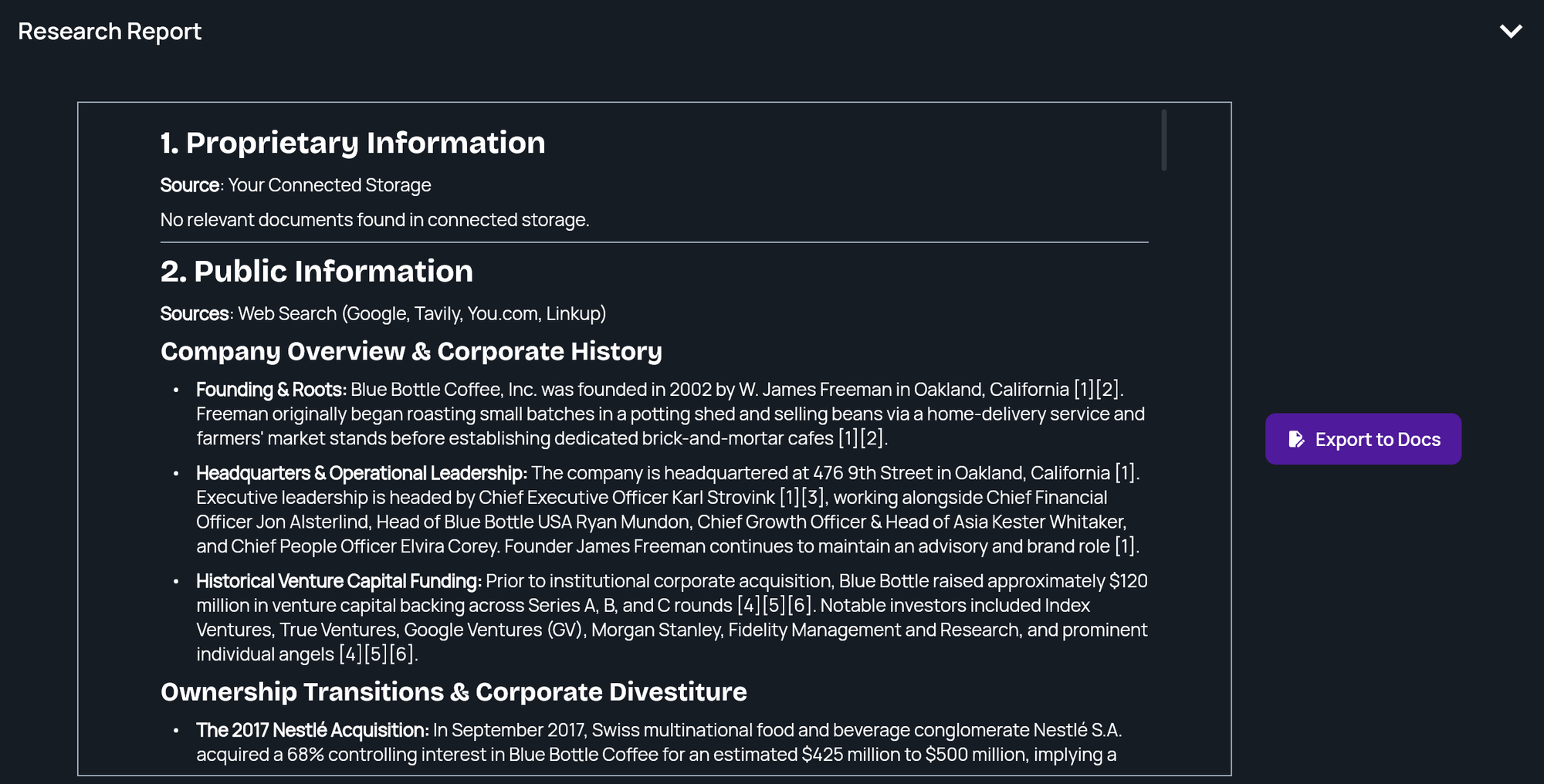 A generated research report with Proprietary Information and Public Information sections and the Export to Docs button