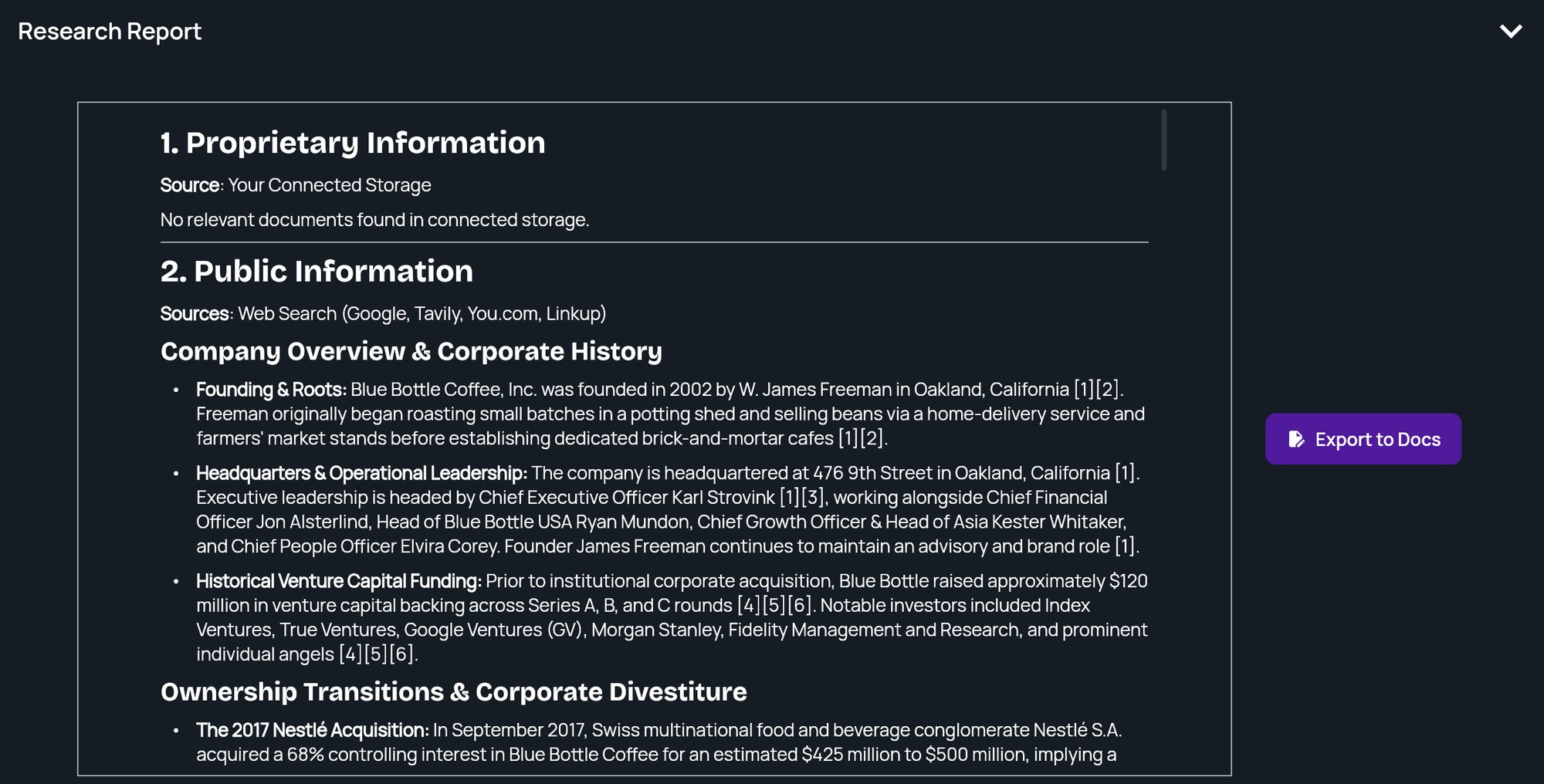 A generated research report with Proprietary Information and Public Information sections and the Export to Docs button