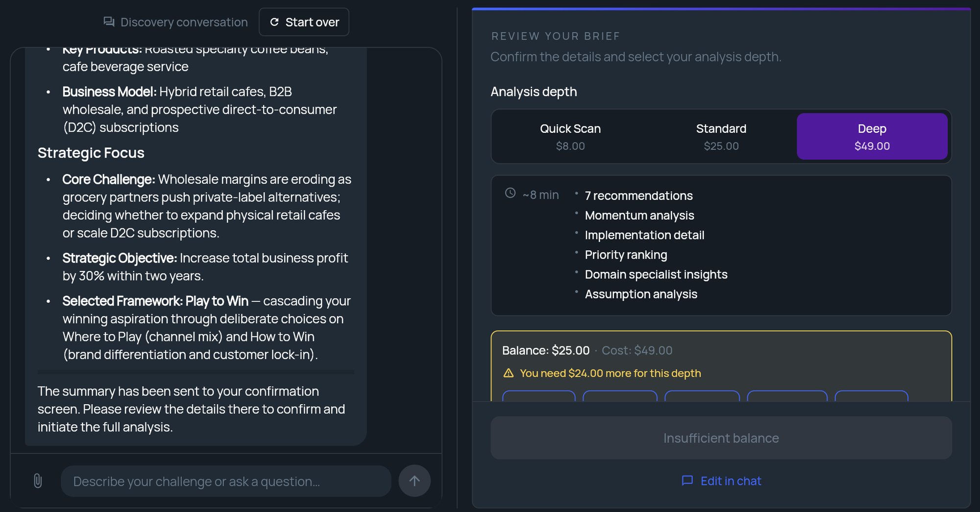 The Review your brief panel on pay-as-you-go with Deep selected, a You need more for this depth warning and an Insufficient balance button